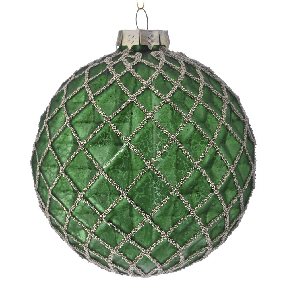 STAKLENA KUGLA 10 CM S/4 ZELENA SA LINIJAMA