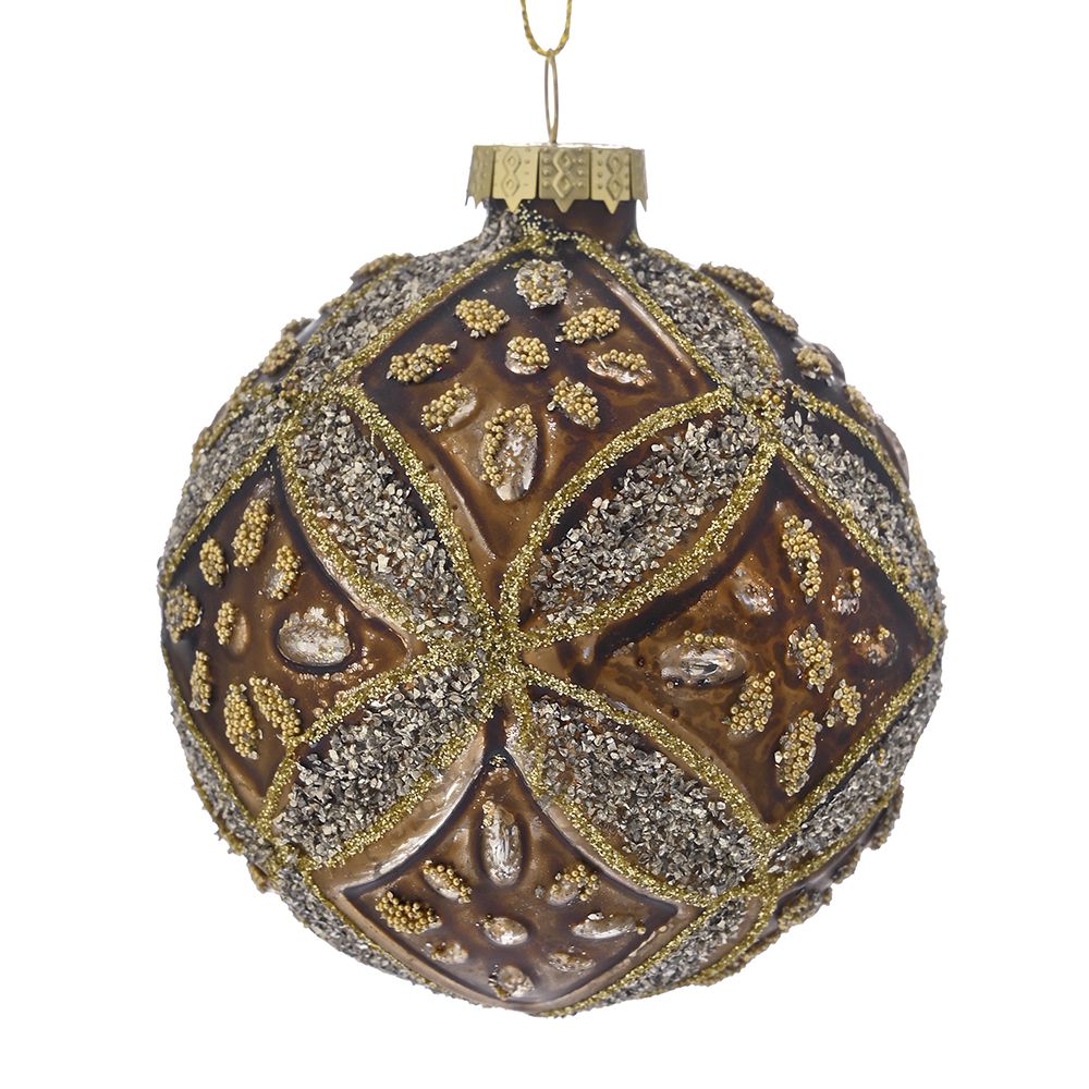 STAKLENA KUGLA 8 CM S/6 BRAON ZLATNA  SA ORNAMENTIMA