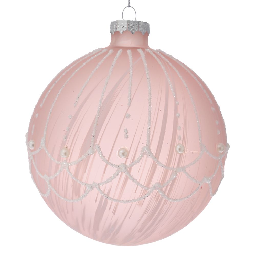 78751 STAKLENA KUGLA BABY ROZE SA PERLAMA I ŠTRASOM 8 CM SET/6