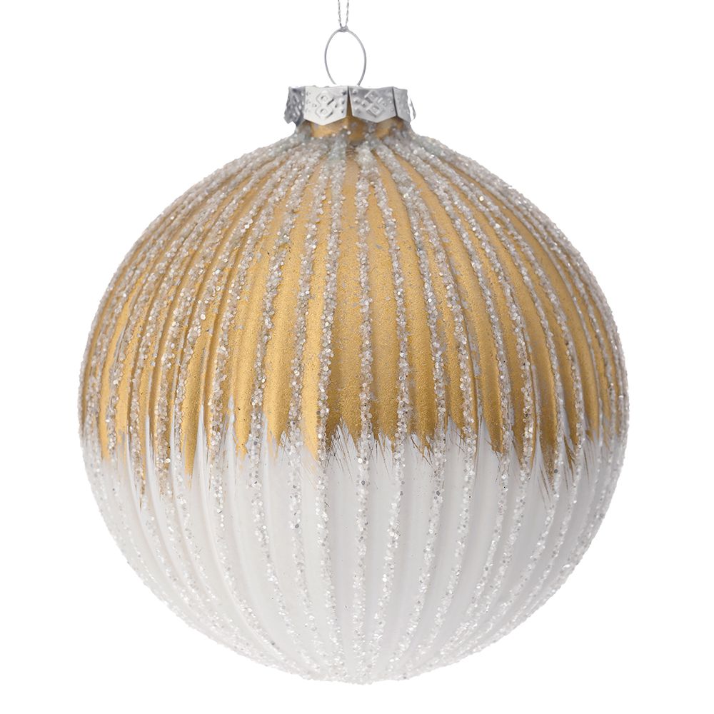 STAKLENA KUGLA SA ORNAMENTIMA 10 CM S/4  BELO ZLATNA