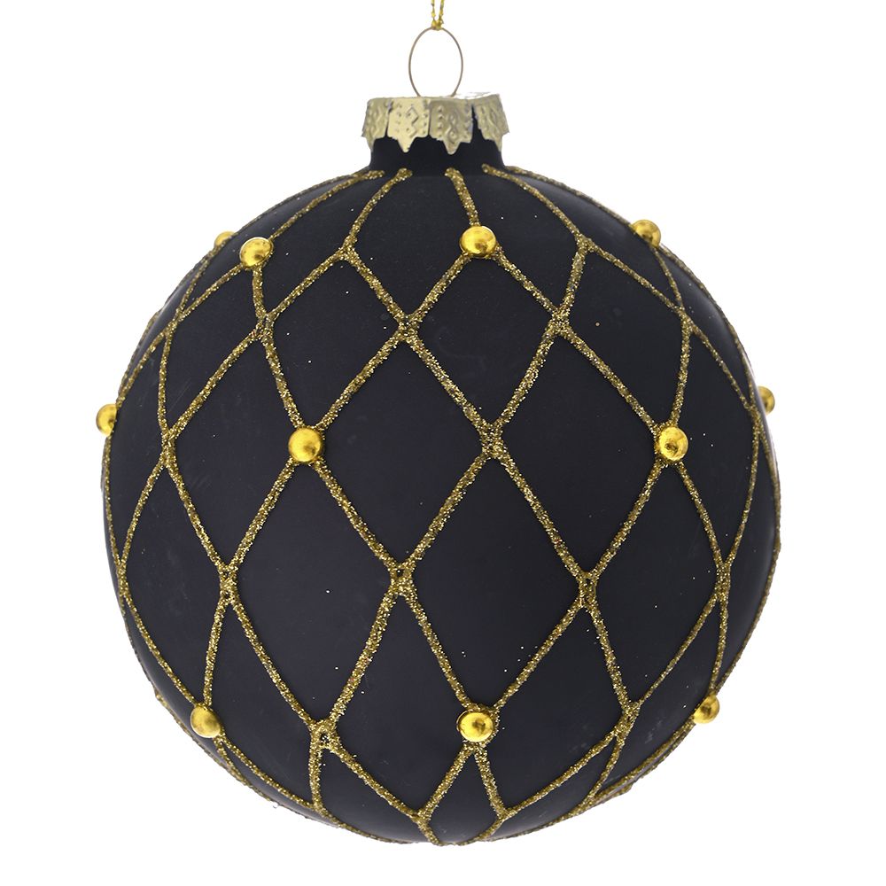 STAKLENA KUGLA SA ORNAMENTIMA 10 CM S/4 CRNO ZLATNA