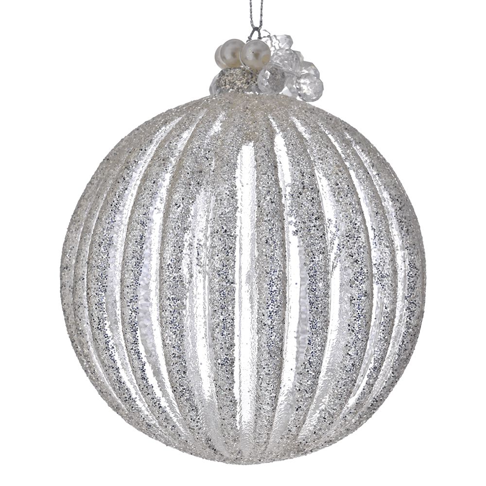 STAKLENA KUGLA SREBRNA SA ORNAMENTIMA 10 CM S/4