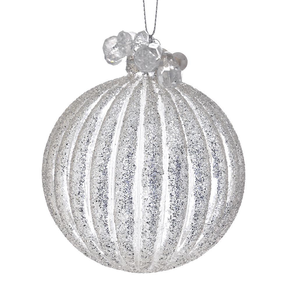 STAKLENA KUGLA SREBRNA SA ORNAMENTIMA 8 CM S/6