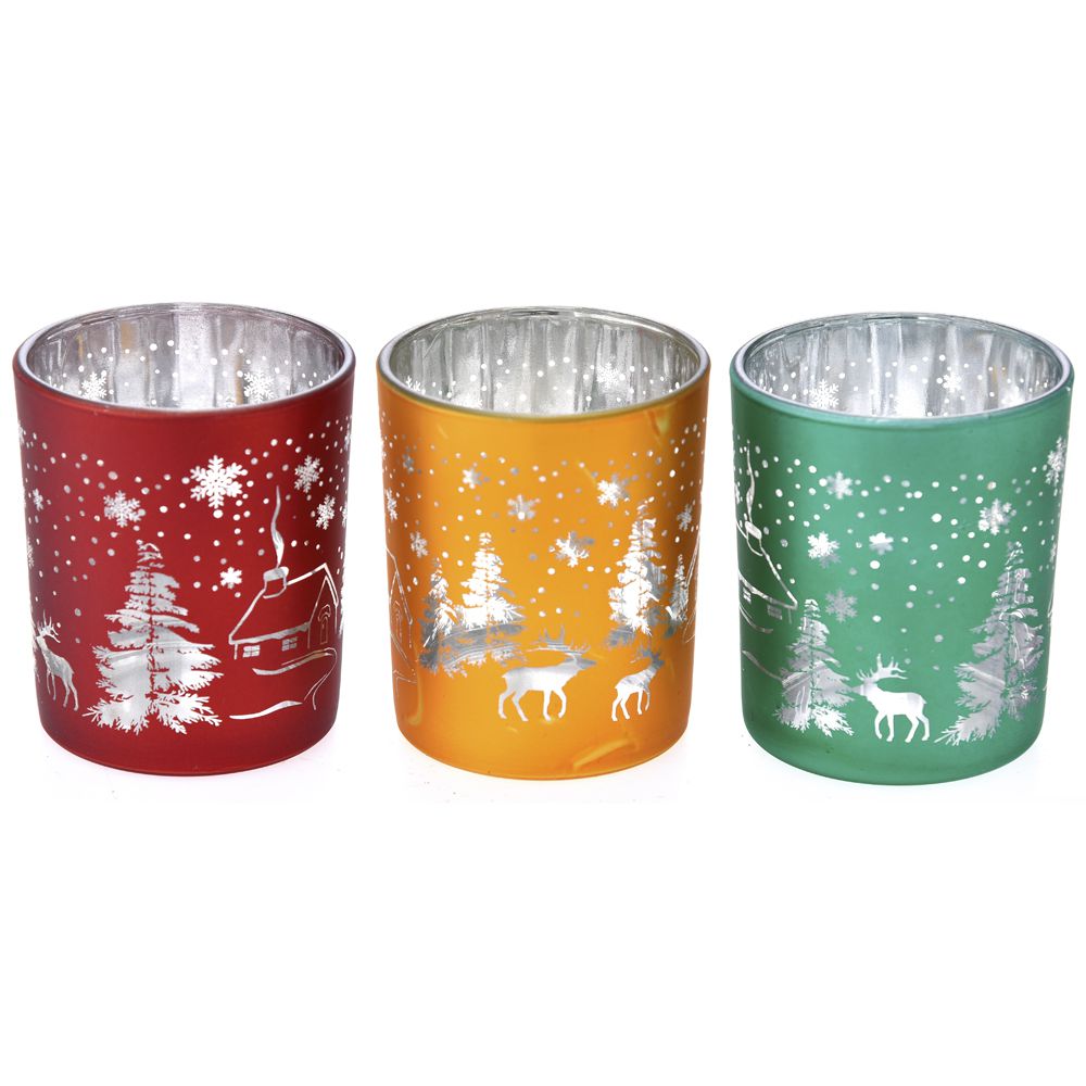 72452 STAKLENI SVEĆNJAK OSLIKAN 3 BOJE SET/3 7X8 CM