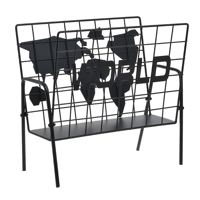 3708740062 STALAK ZA NOVINE METALNI CRNI MAPA SVETA 36X20X35 CM