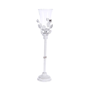 3708720102 METALNI BELI SVEĆNJAK ZA 1 SVEĆU SA RUŽICAMA 12*12*53cm