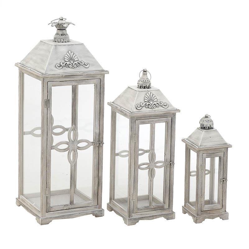 3709060023 SVEĆNJAK METAL STAKLO U OBLIKU FENJERA NATURAL BELI S/3 23*23*62cm