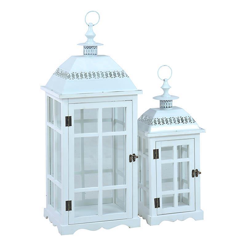 3709060003 SVEĆNJAK U OBLIKU FENJERA BELI DRVO-METAL S/2 30*25*68cm