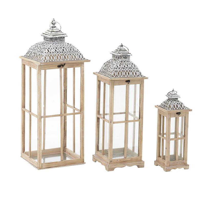 3703340003 SVEĆNJAK U OBLIKU FENJERA DRVO METAL BRAON SREBRNI S/3 31*31*89cm