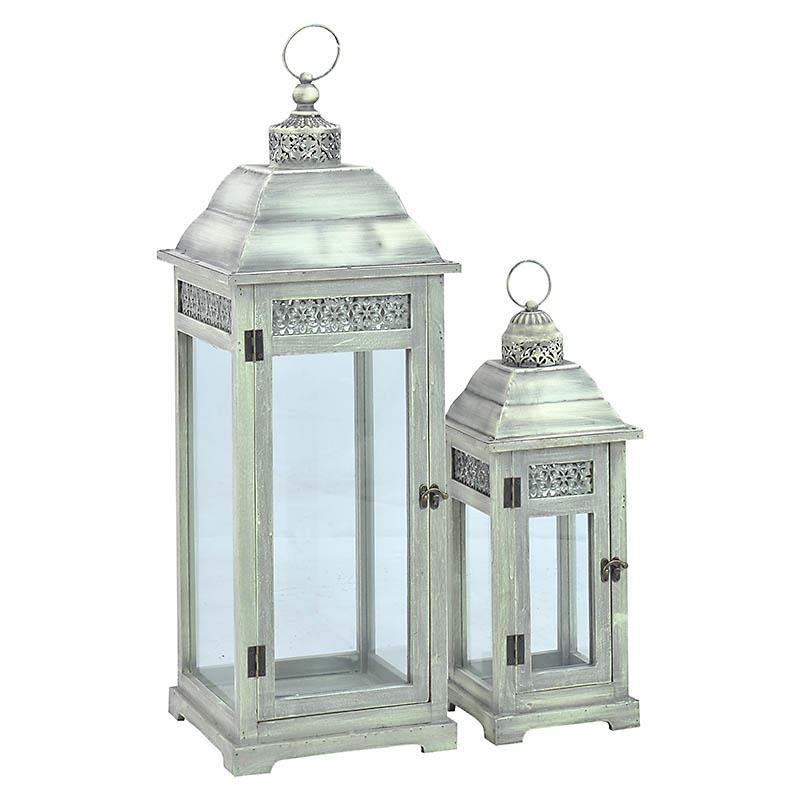 3709060004 SVEĆNJAK U OBLIKU FENJERA SIVI DRVO-METAL S/2 19*19*49cm