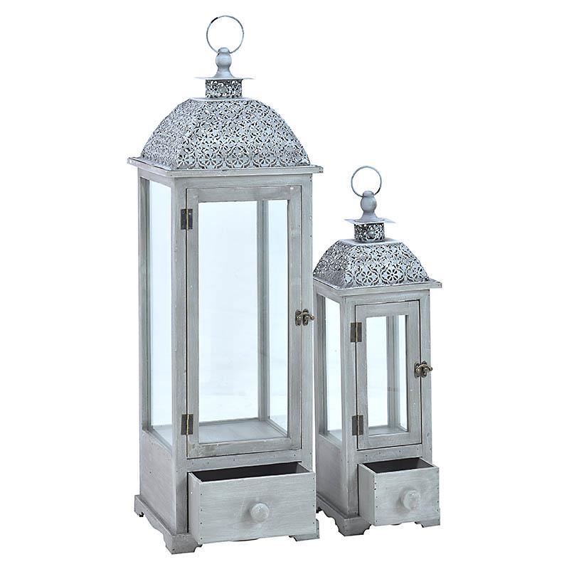 3709060006 SVEĆNJAK U OBLIKU FENJERA SIVI DRVO-METAL S/2 27*27*81cm
