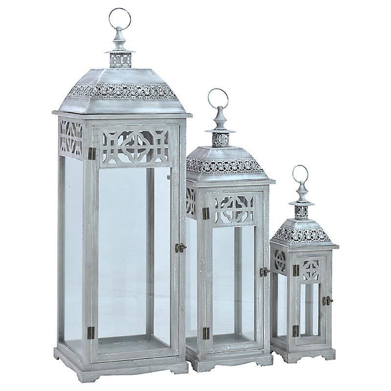 3709060007 SVEĆNJAK U OBLIKU FENJERA SIVI DRVO-METAL S/3 33*33*99cm
