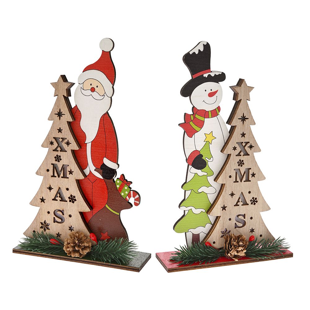 79545 SVETLEĆI DRVENI DEDA MRAZ I SNEŠKO NA POSTOLJU 2 MODELA 13X4X21 CM