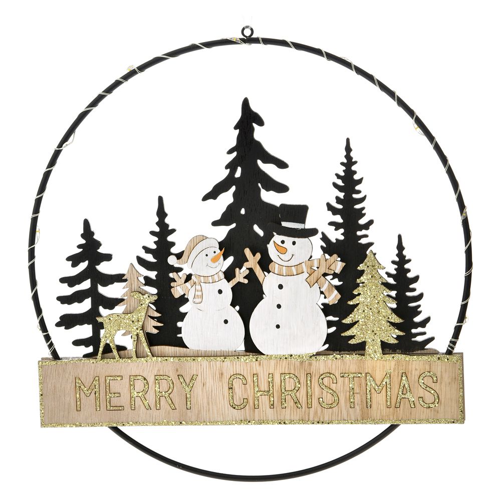75331 SVETLEĆI DRVENI VENČIĆ CRNO ZLATNI MARRY CHRISTMAS 24 CM