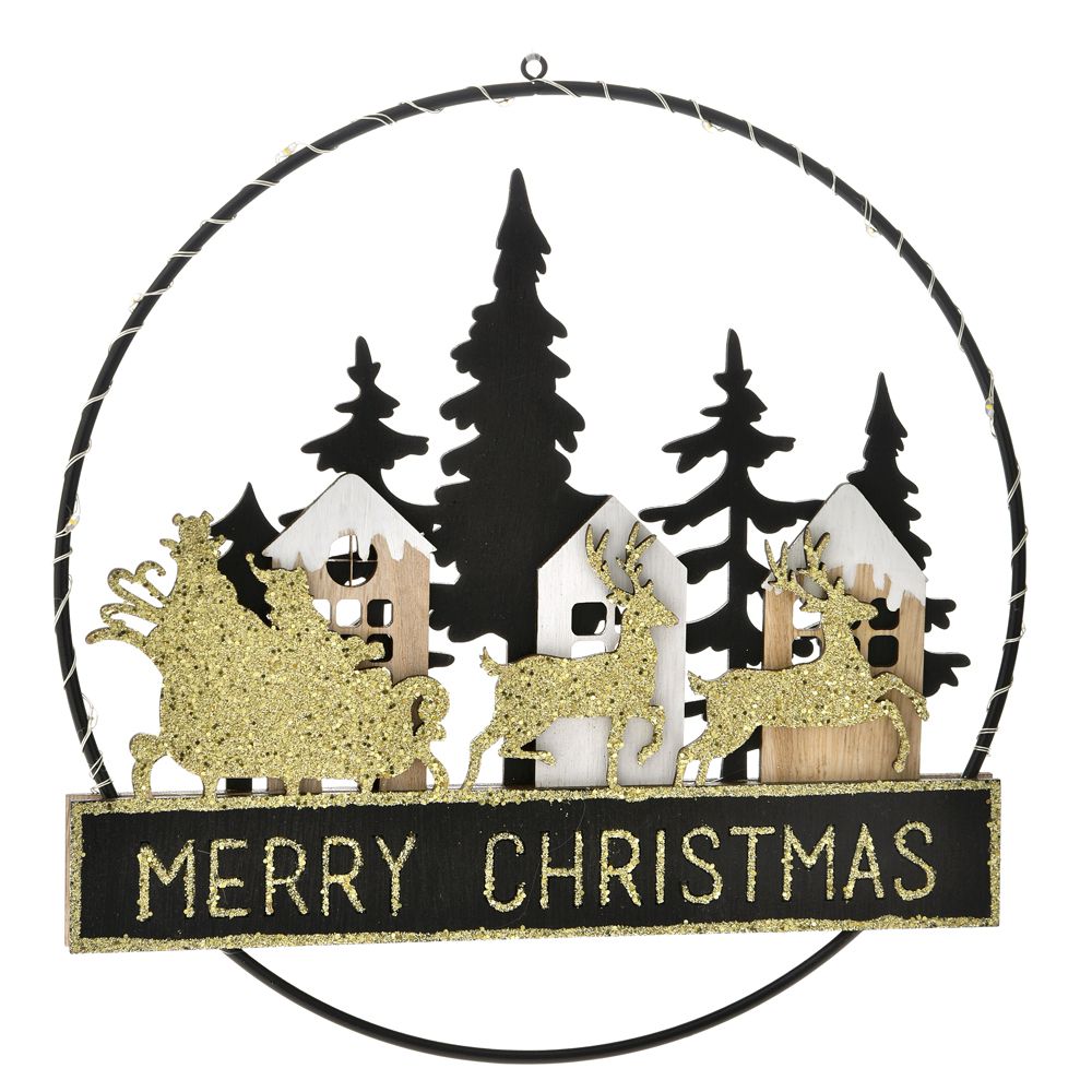 75330 SVETLEĆI DRVENI VENČIĆ CRNO ZLATNI MERRY CHRISTMAS 24 CM