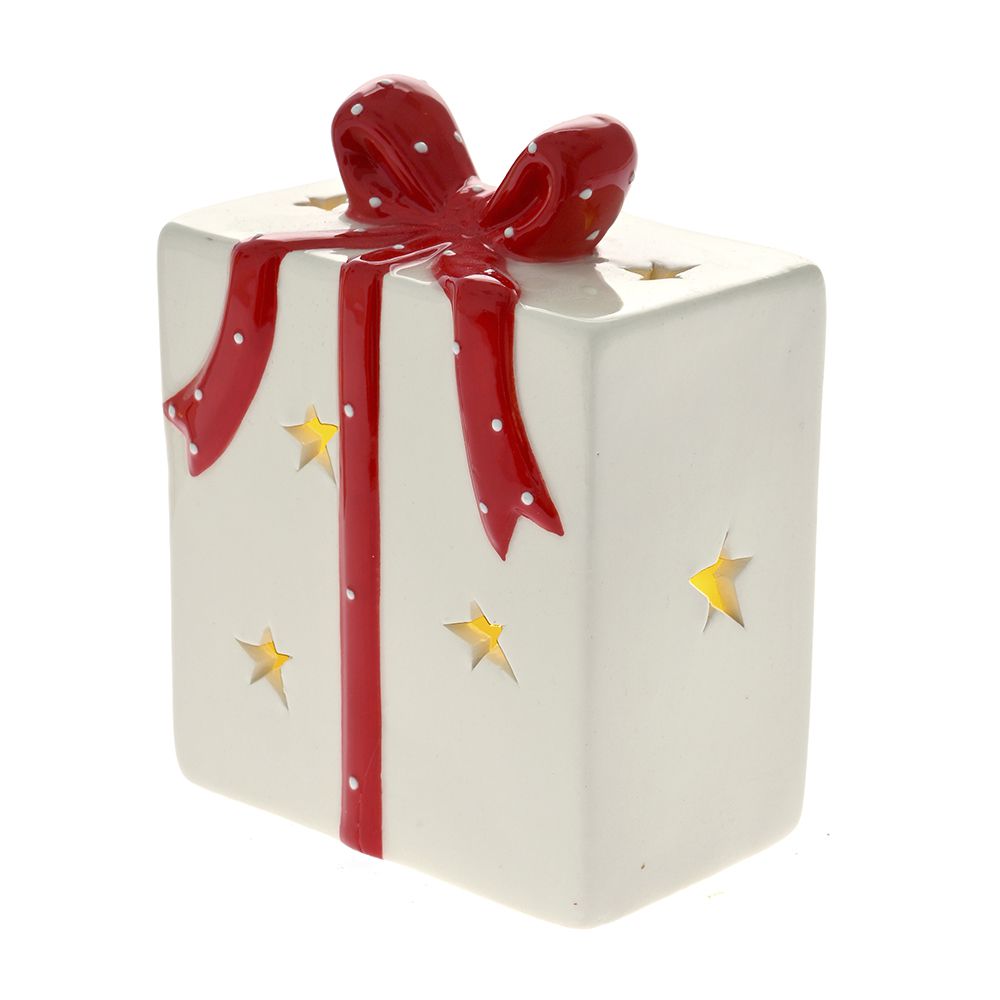 78941 SVETLEĆI KERAMIČKI POKLON BELI SA CRVENOM MAŠNOM 10X12 CM