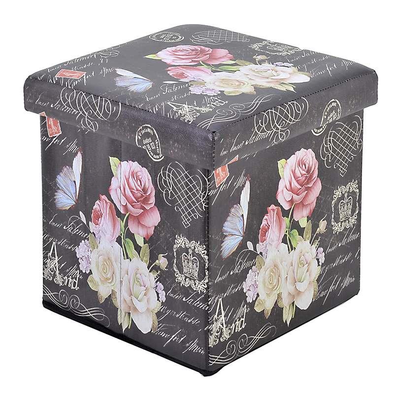 3503660037 TABURE KUTIJA OD VEŠTAČKE KOŽE CRNI DEZEN ROZE RUŽE 36*36*36cm