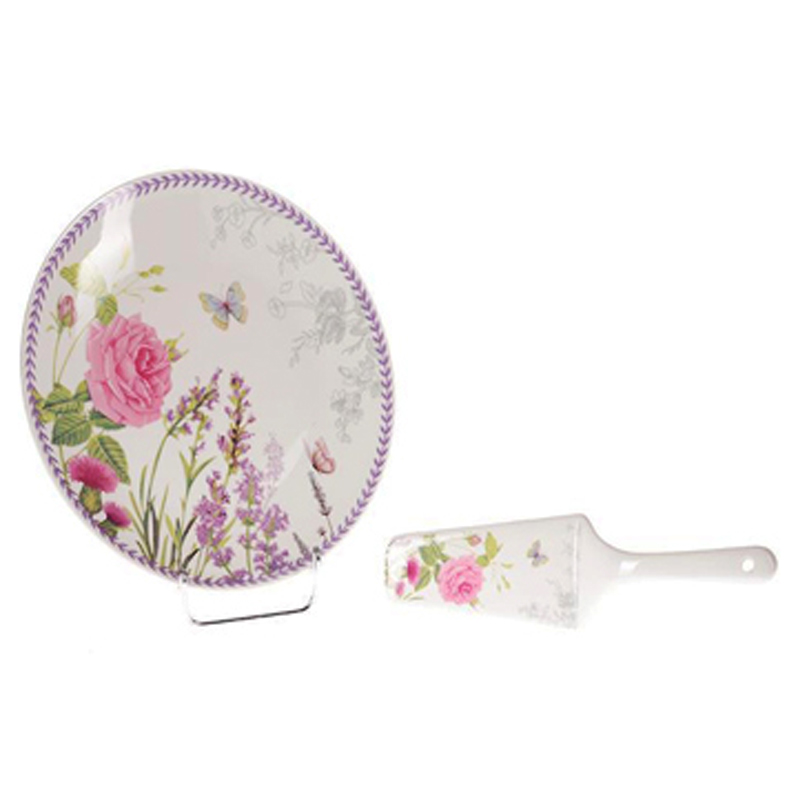 3607900107 PORCELANSKI DESERTNI TANJIR SA ŠPATULOM BELI SA ROZE RUŽAMA I LAVANDOM S/2 26*7*2cm