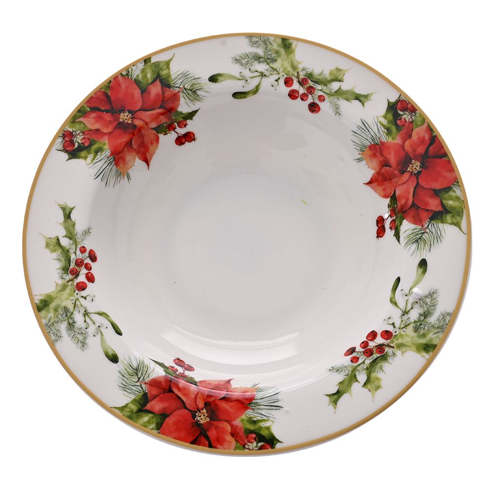 79872 TANJIR CRVENO BELI SA BOŽIĆNIM CVETOM BONE CHINA 21 CM