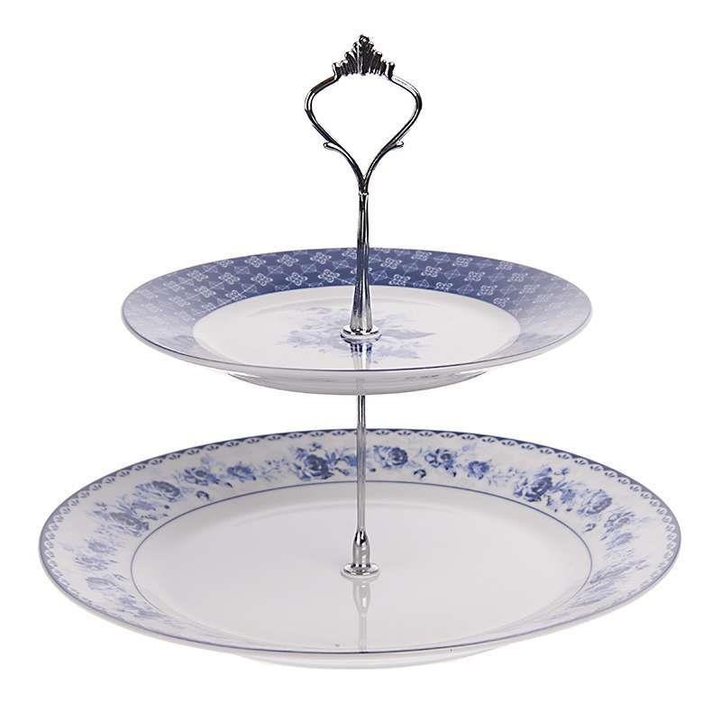 3605180012 TANJIR OD PORCELANA SA 2 ETAŽERA PLAVO-BELI DEZEN RUŽE 27/19 H-24