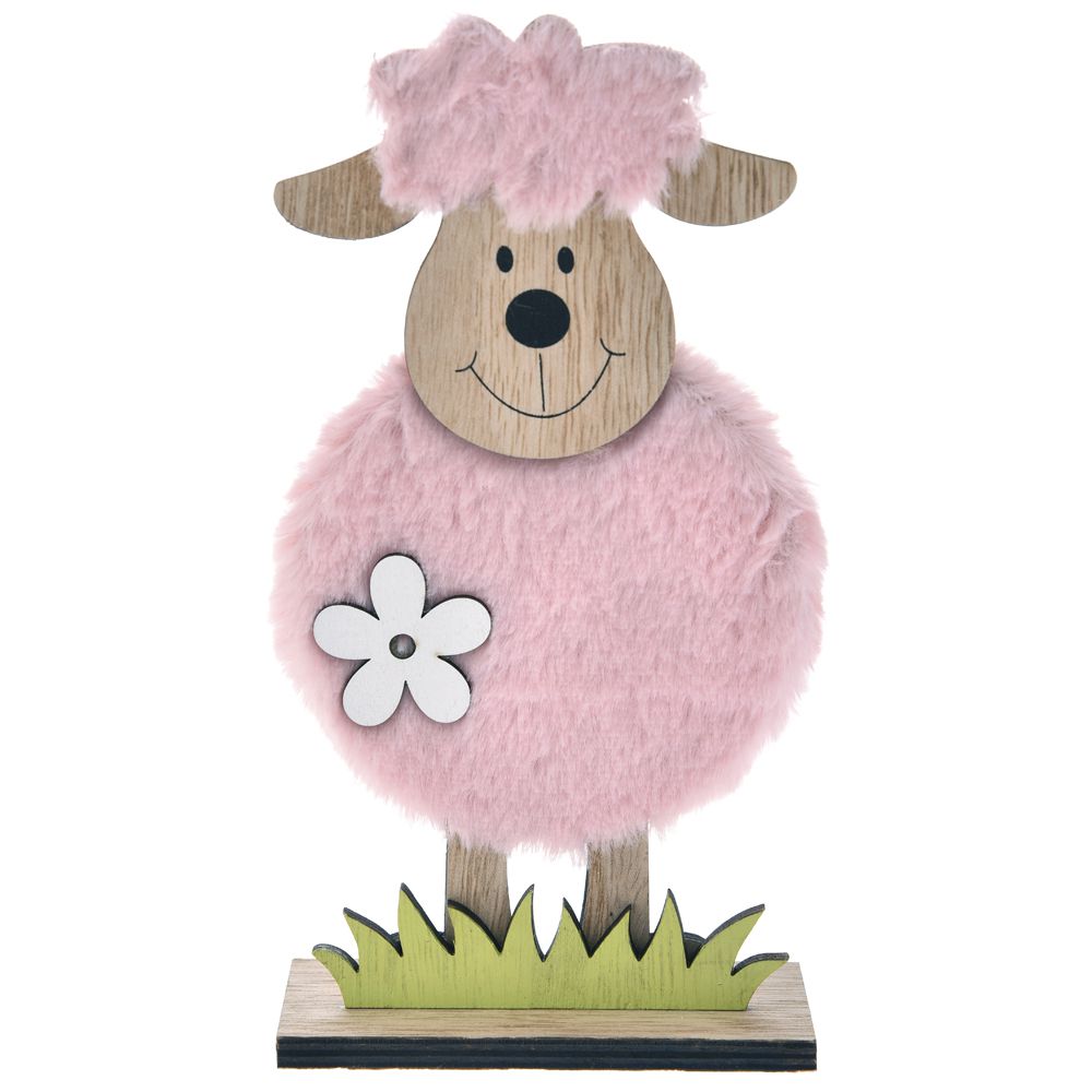 74137 USKRŠNJA DRVENA OVČICA SA ROZE KRZNOM 11*21 CM