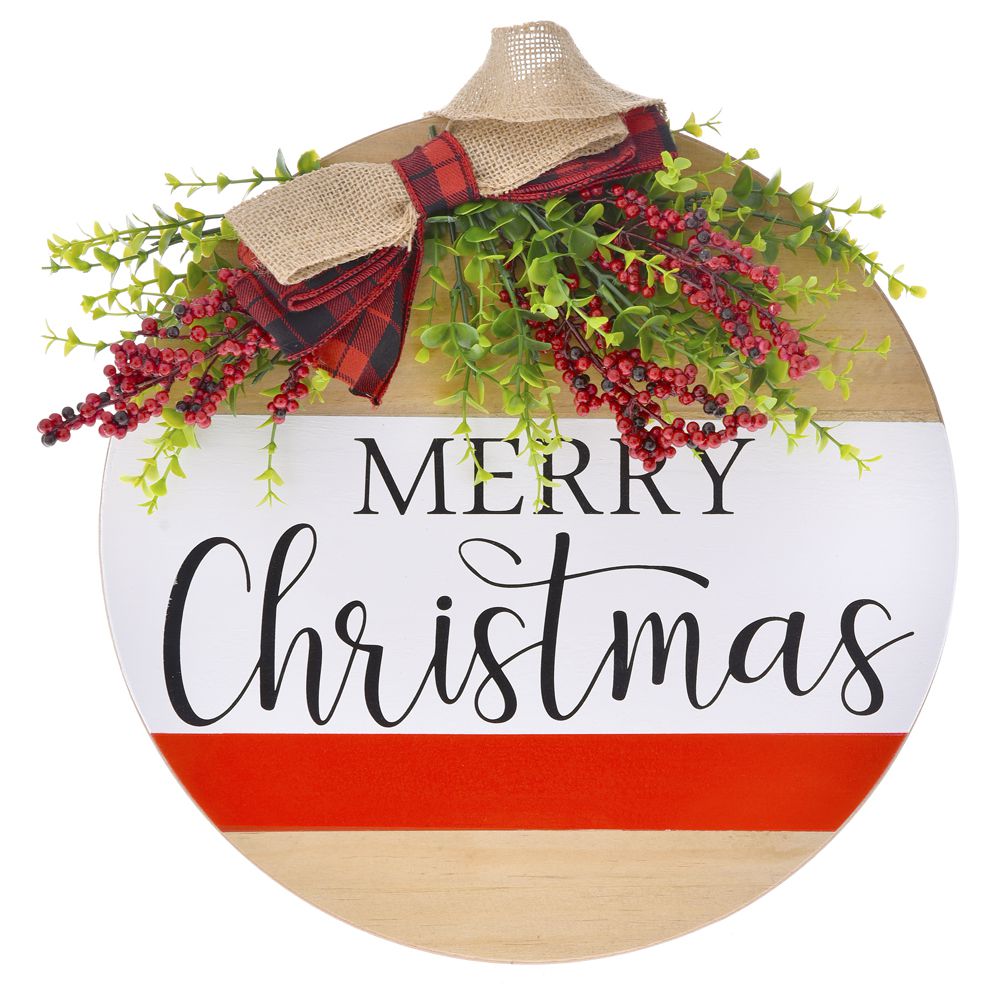 75867 VISEĆA DRVENA KUGLA SA NOVOGODIŠNJOM DEKORACIJOM MERRY CHRISTMAS 35 CM