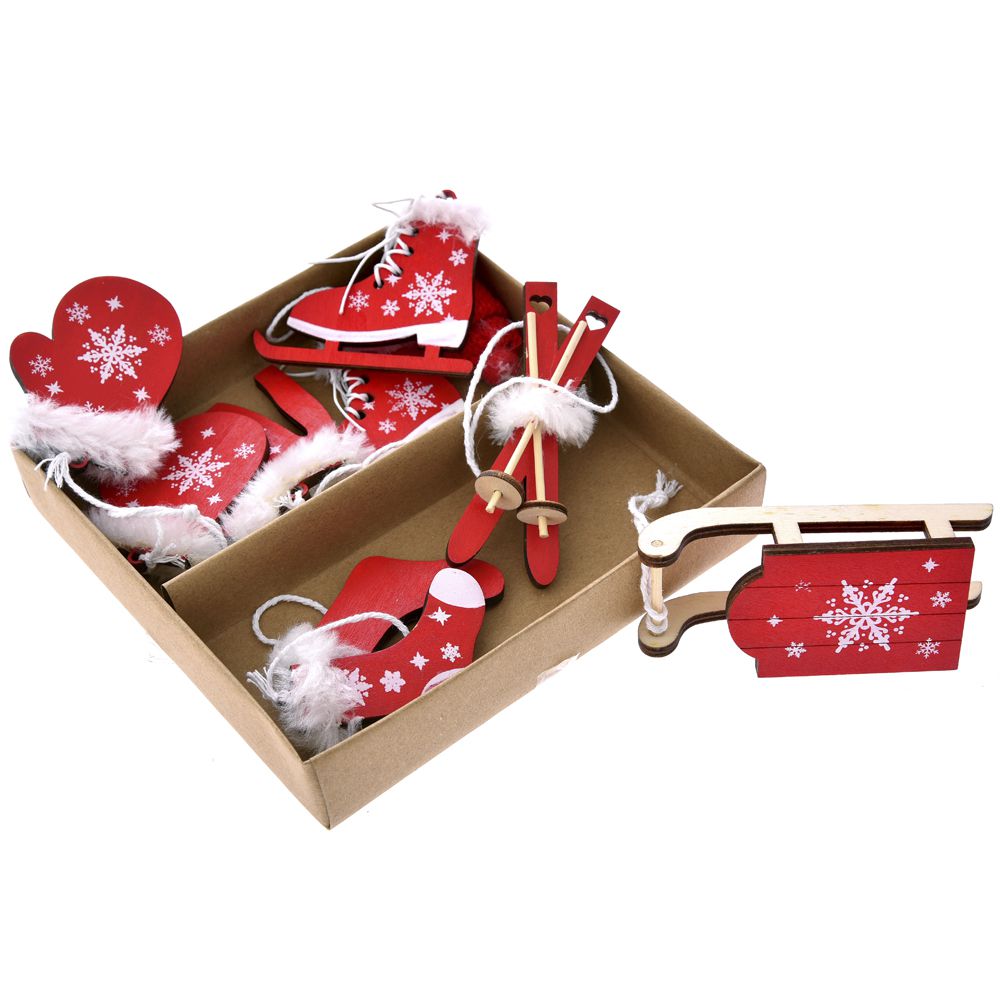 73274 VISEĆI DRVENI UKRASI CRVENI SA PAHULJAMA VIŠE MODELA 8 CM SET/6