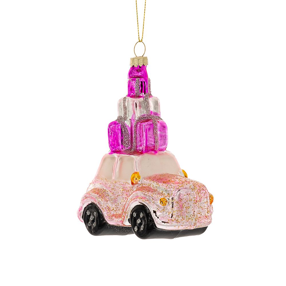 87455 VISEĆI UKRAS STAKLENI ROZE AUTO SA POKLONIMA 10X5X11 CM