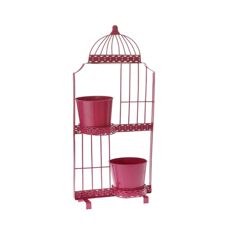 47707 METALNA ŽARDINJERA SA 2 SAKSIJE U OBLIKU KAVEZA ZA PTICE ROZE 24*9*58cm