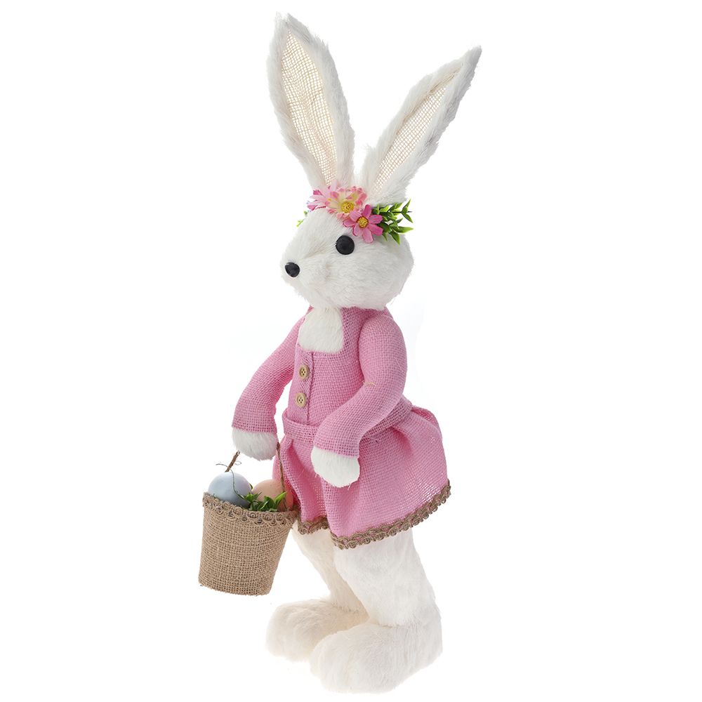 76722 ZEČICA KRZNENA U ROZE HALJINI NOSI KORPU SA JAJIMA 17X15X54 CM