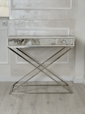 KONZOLA SREBRNA SA FIJOKAMA DRVO METAL DEZEN MERMER 101*35*90 CM