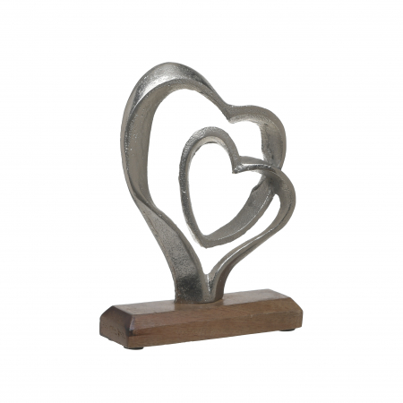 3703570127 METALNA SREBRNA SRCA NA DRVENOM POSTOLJU 15X5X21 CM