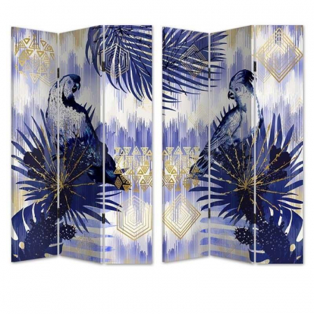 3506100238 PARAVAN DRVENI DVOSTRANI DEZEN PTICA PLAVO BELI ŠTAMPAN NA PLATNU 120X3X180 CM