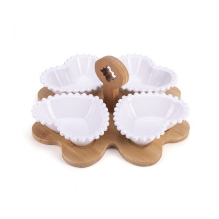 D-385 PORCELANSKE BELE ČINIJICE U OBLIKU SRCA NA DRVENOM POSTOLJU S/5 25X25 CM