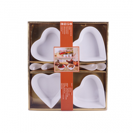 D-394 PORCELANSKE BELE ČINIJICE U OBLIKU SRCA SA KAŠIKICAMA S/4 11X11 CM