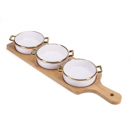 D-365 PORCELANSKI SERVERI OKRUGLI BELO ZLATNI NA DRVENOJ DASCI S/5 38X11 CM