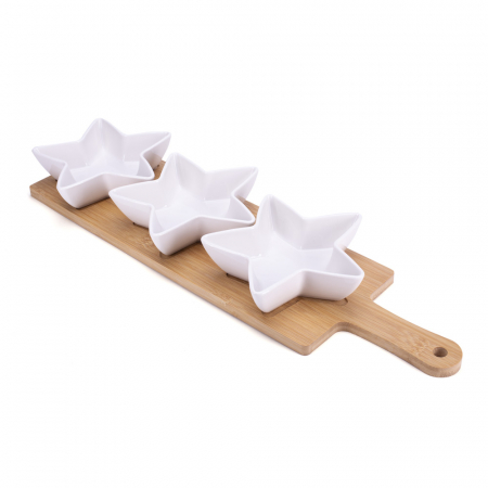 D-374 PORCELANSKE ČINIJICE ZVEZDEZVEZDA BELI NA DRVENOJ DASCI S/4 48X15 CM