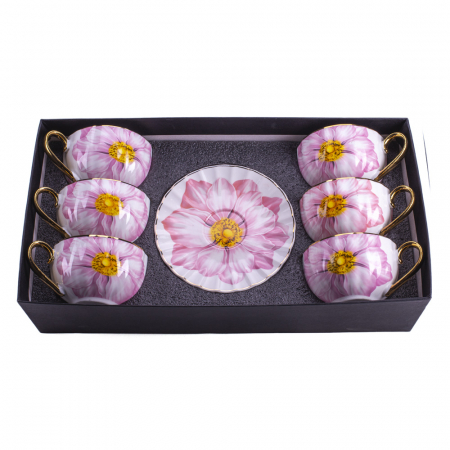 D-679 PORCELANSKE ŠOLJE BELE SA ROZE CVETOM S/6 U POKLON KUTIJI