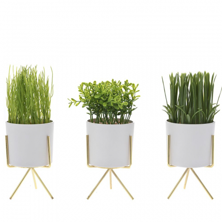 81150 VEŠTAČKE BILJKE U KERAMIČKOJ SAKSIJI BELO ZLATNOJ 3 MODELA 21-24 CM 9*8 CM